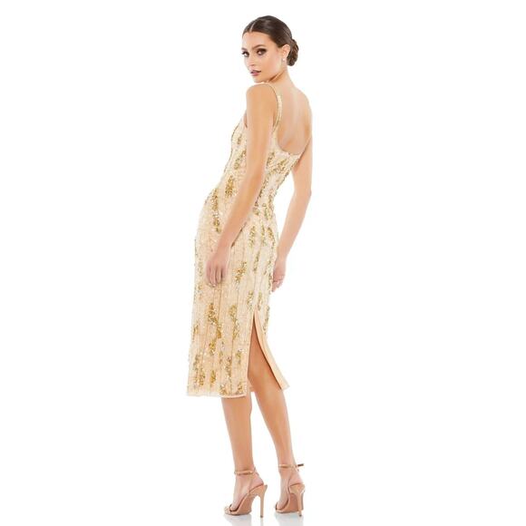 NWT Mac Duggal 10770 Beaded Square Neck Midi Dress Sz 4 Nude Gold - Picture 8 of 9
